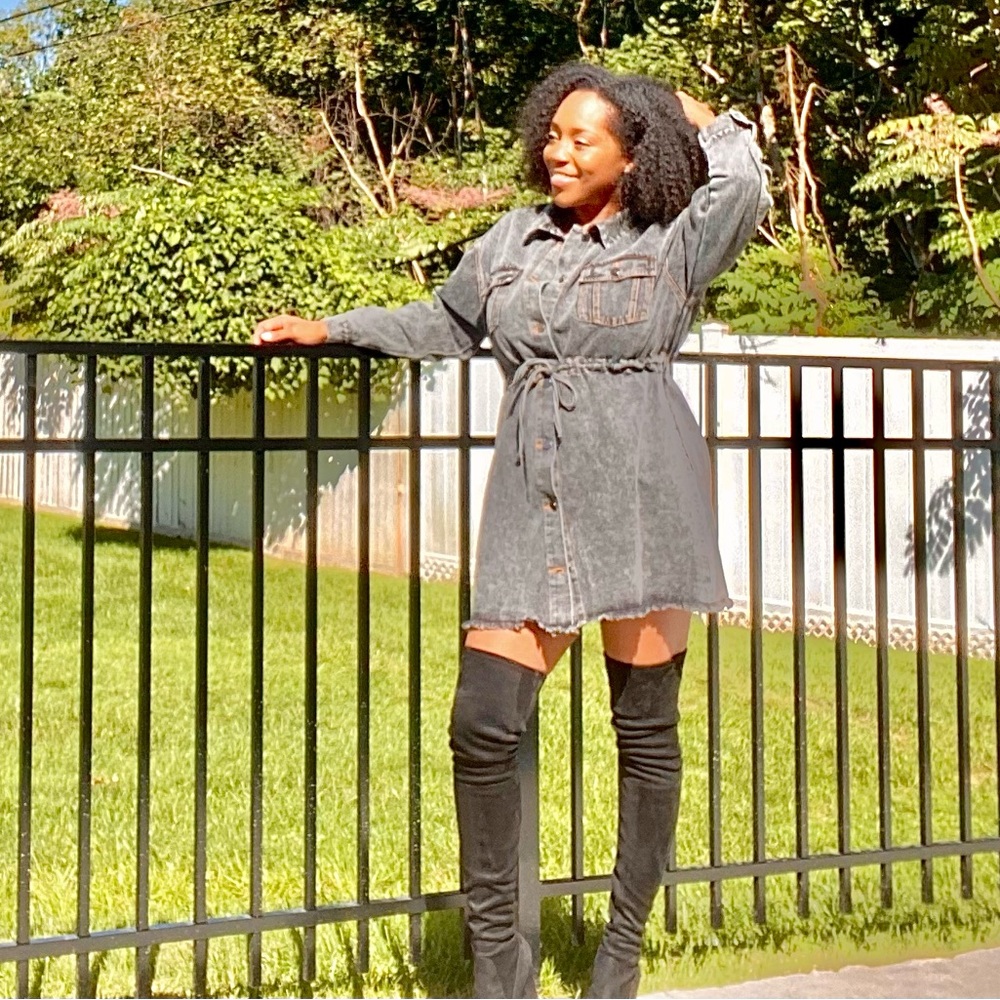 New with tags: Acid wash denim jacket dress with tie at waist